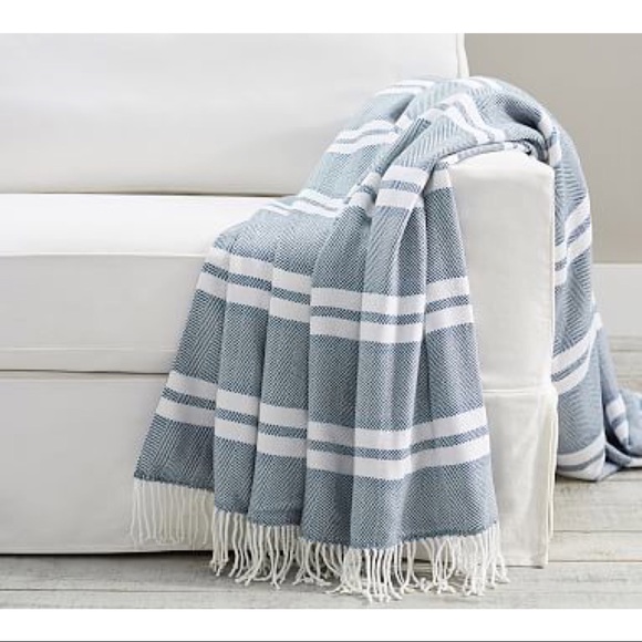 Pottery Barn Bedding New Pottery Barn Picnic Striped Throw Steel Blue Fringed Beach Blanket